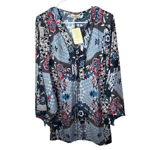 Floating Lotus Dress Women's Small V-Neck 3/4 Sleeve Tunic Colorful Top NWT